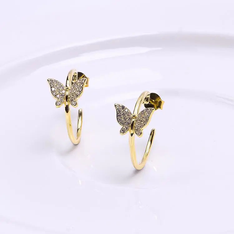 Gold Vermeil Whimsical Rhinestone Butterfly Hoop Earrings