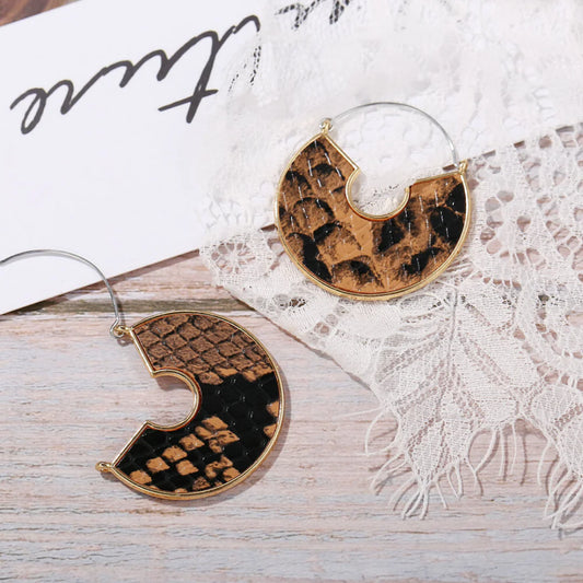 Brown Snakeskin Print Half Moon Hoop Earrings